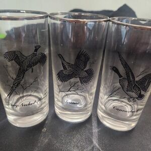 Vintage clear Federal silver rimmed Upland Bird  Highball‎ glasses Tumblers x3